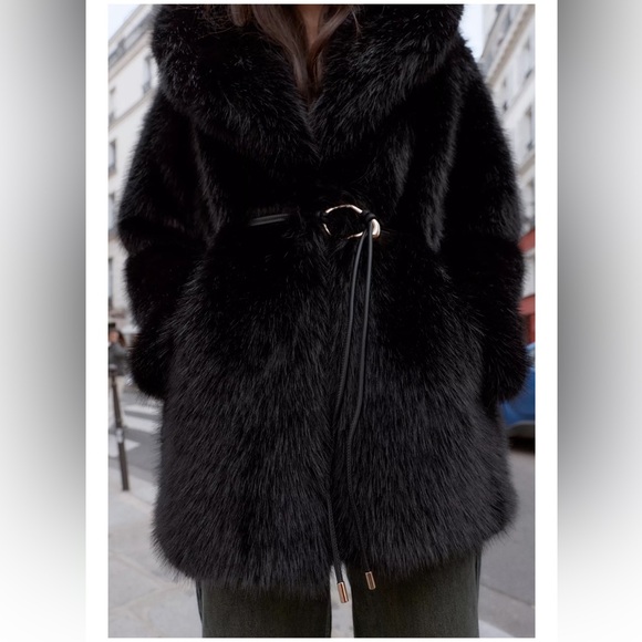 ZARA BLACK FAUX FUR COAT - Picture 11 of 16